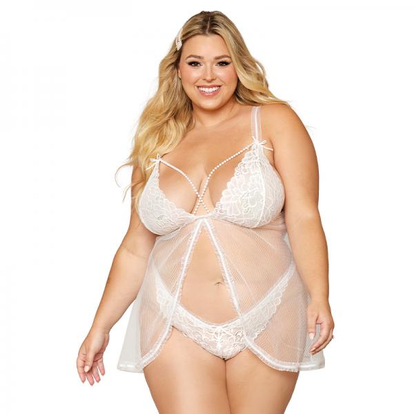 Dreamgirl Lace Mesh Babydoll With Pearl Accents & Lace Pearl G-string White Queen Size Sex Toy Product