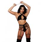 Dreamgirl Wetlook Halter Bralette, Fishnet And Wetlook Gartered Open-butt Panty & Chain Wrist Restra Sex Toy Product