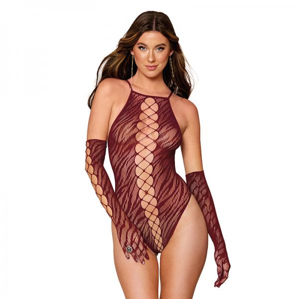Dreamgirl Animal Print Fishnet High-neck Teddy & Gloves Set Burgundy O/s Sex Toy Product