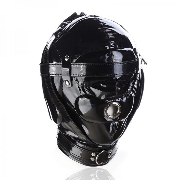 Ple'sur Shiny Pleather Locking Deprivation Hood With Single Nose Hole Black Sex Toy Product