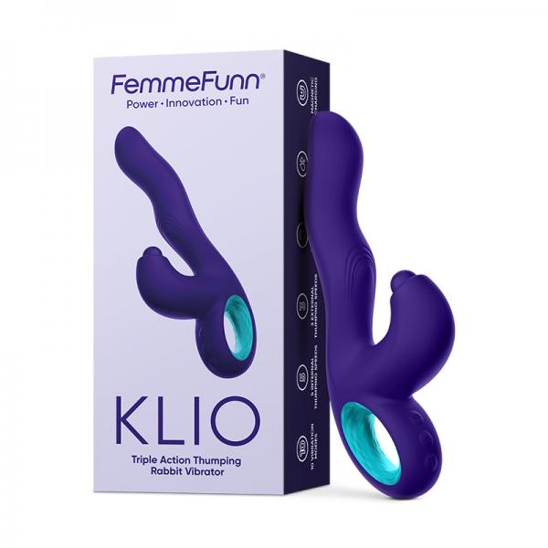 Femmefunn Klio Rechargeable Silicone Triple Action Thumping Rabbit Vibrator Dark Purple Sex Toy Product