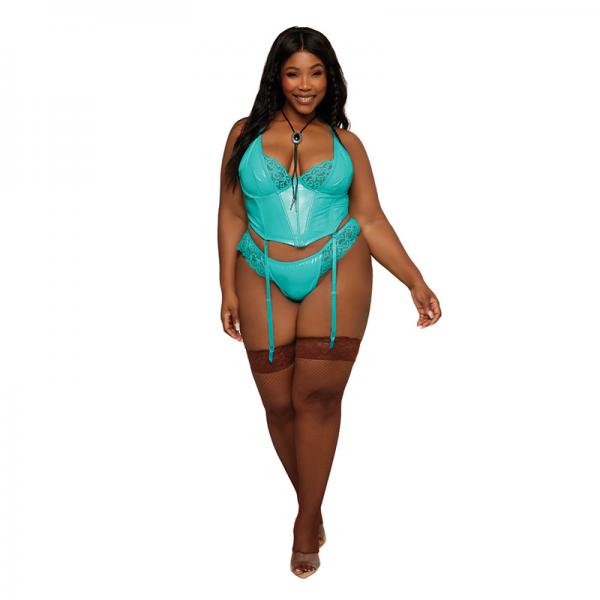 Dreamgirl Stretch Vinyl And Lace Bustier And G-string Set Ocean 1xl Sex Toy Product