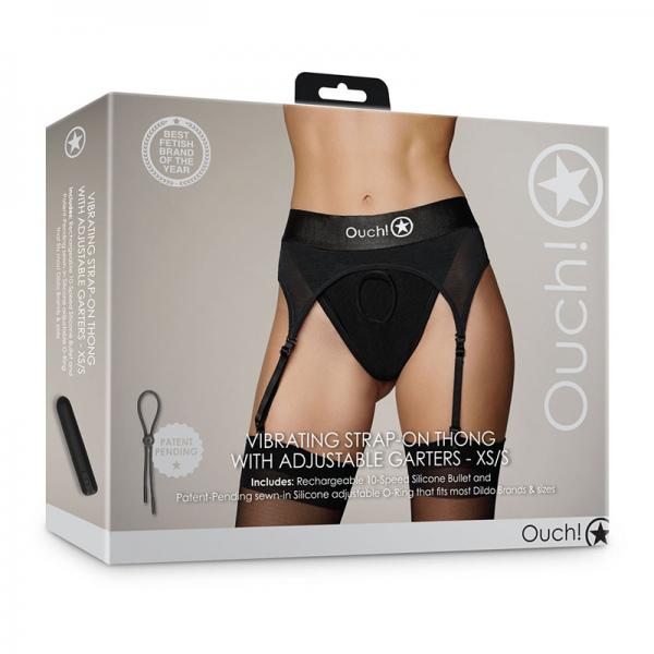 Shots Ouch! Vibrating Strap-on Thong With Adjustable Garters Black Xs/s Sex Toy Product