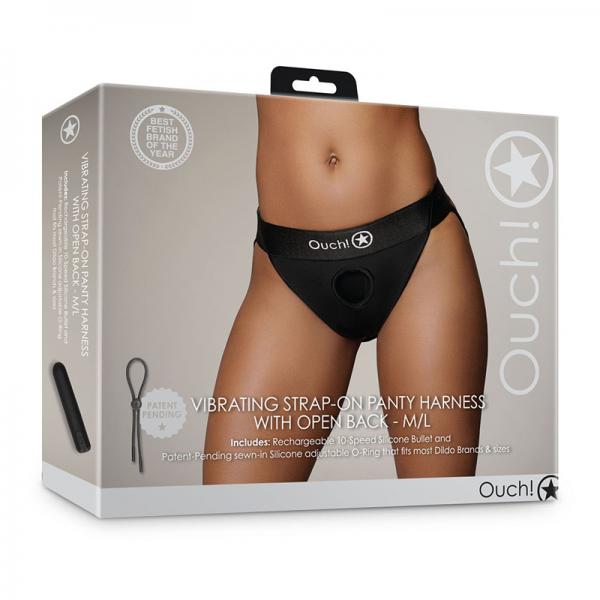 Shots Ouch! Vibrating Strap-on Panty Harness With Open Back Black M/l Sex Toy Product