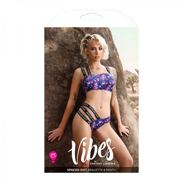 Fantasy Lingerie Vibes Spaced Out Uv Reactive Print Asymmetrical Bralette & Multi Strap Panty Indigo Sex Toy Product