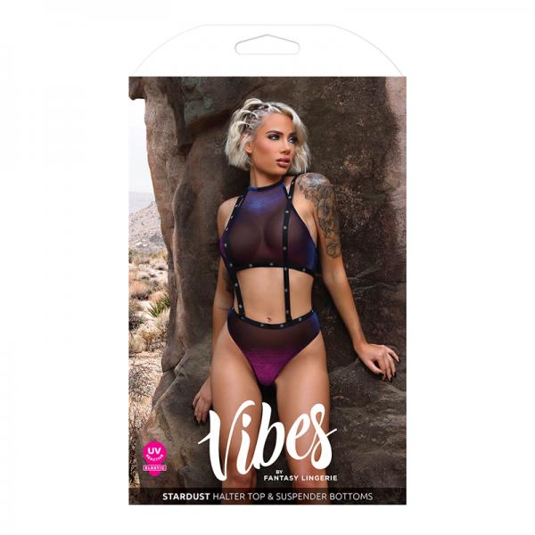 Fantasy Lingerie Vibes Stardust Iridescent Halter Top & Suspender Bottoms With Uv Reactive Star Prin Sex Toy Product