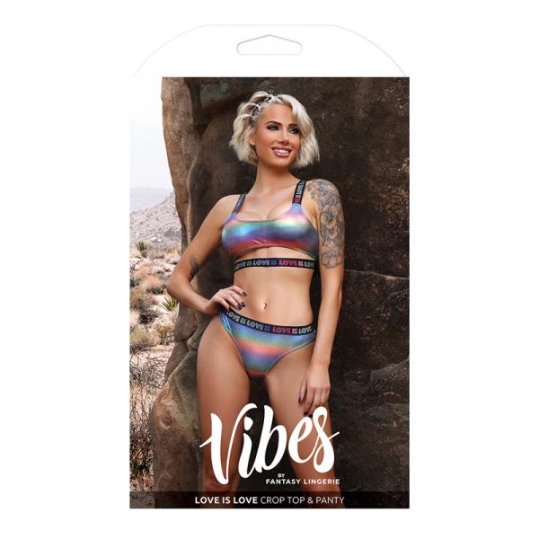 Fantasy Lingerie Vibes Love Is Love Underboob Cut Out Top & Cheeky Panty Rainbow Holo L/xl Sex Toy Product