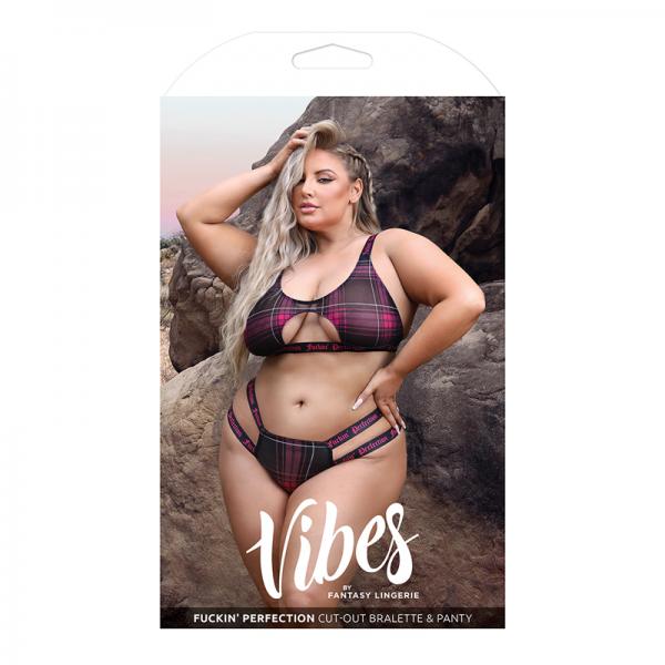 Fantasy Lingerie Vibes F*ckin' Perfection Plaid Mesh Cut Out Bralette & Panty Black Queen Size Sex Toy Product