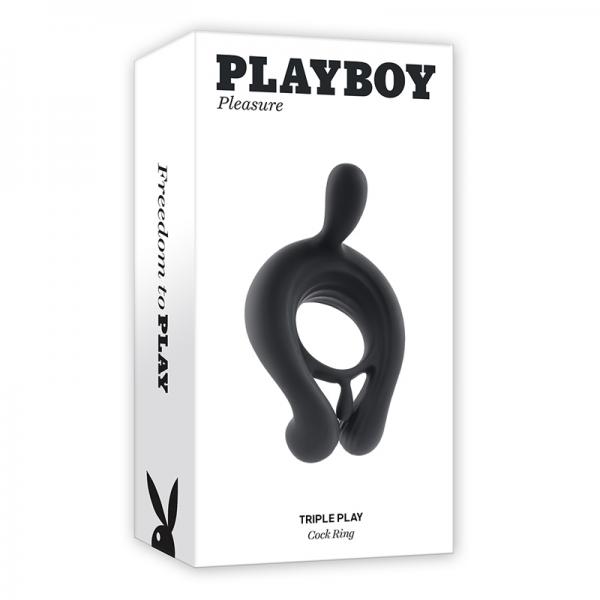 Playboy Triple Play Rechargeable Remote Controlled Vibrating Silicone Cockring With Stimulator Black Sex Toy Product
