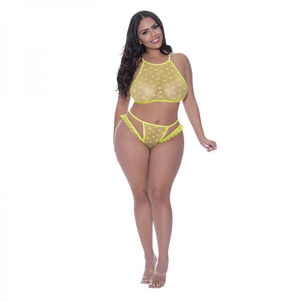 Magic Silk Love Star Halter Crop Bra & Cheeky Panty Set Neon Chartreuse Queen Size Sex Toy Product