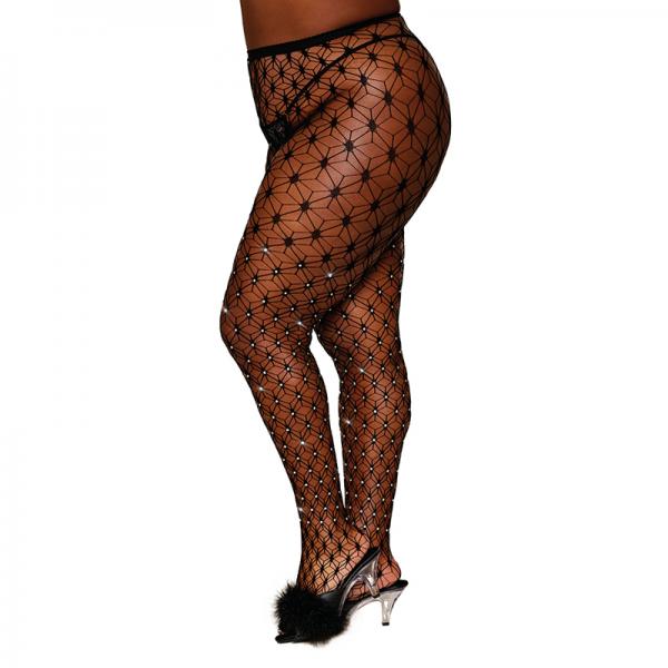 Dreamgirl Geometric Fence Net Pantyhose With Rhinestone Embellishment Black Queen Size Sex Toy Product