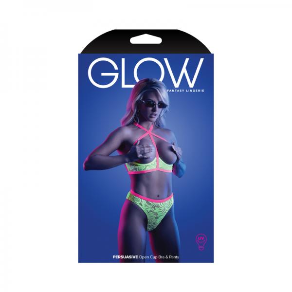 Fantasy Lingerie Glow Persuasive Contrast Elastic Open Cup Lace Cage Bra & Panty Neon Green S/m Sex Toy Product