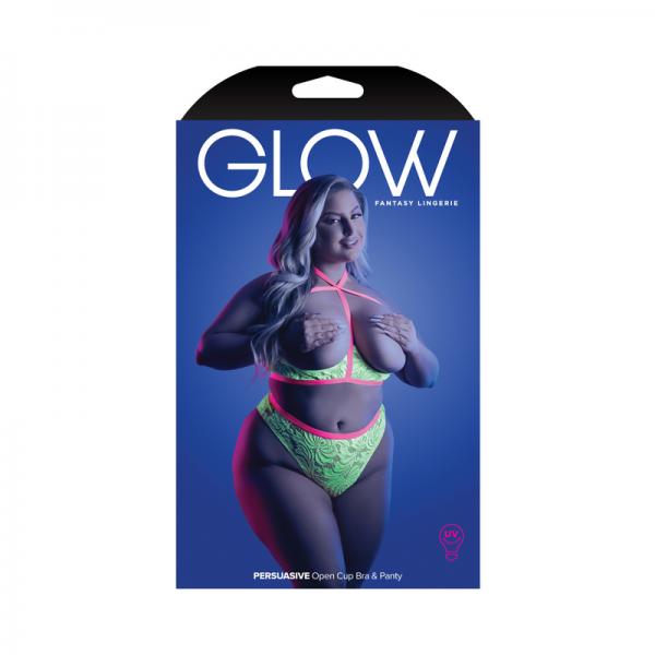 Fantasy Lingerie Glow Persuasive Contrast Elastic Open Cup Lace Cage Bra & Panty Neon Green Queen Si Sex Toy Product