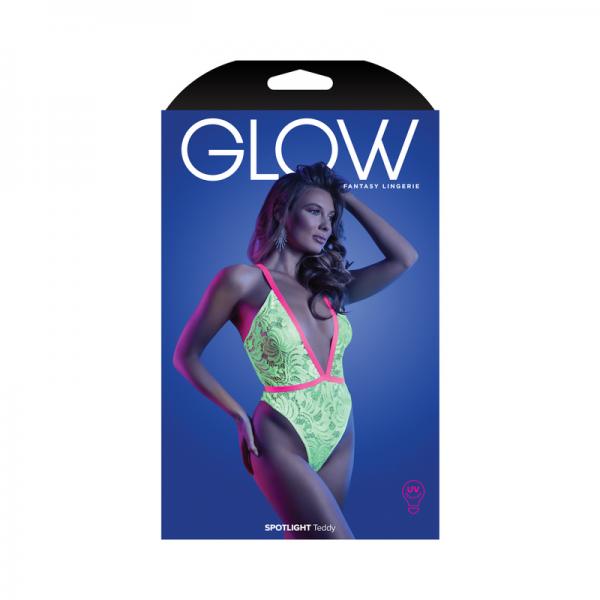 Fantasy Lingerie Glow Spotlight Contrast Elastic Lace Teddy With Snap Closure Neon Green L/xl Sex Toy Product