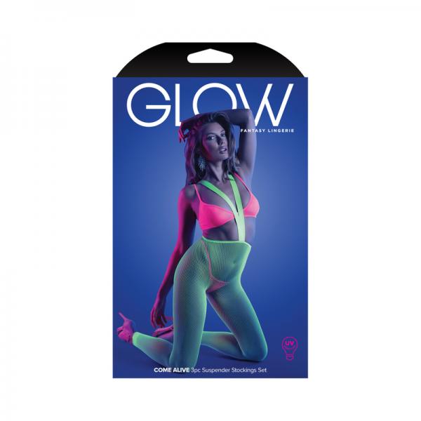 Fantasy Lingerie Glow Come Alive 3-piece Bralette, G-string & Suspender Stockings Set Neon Green Que Sex Toy Product
