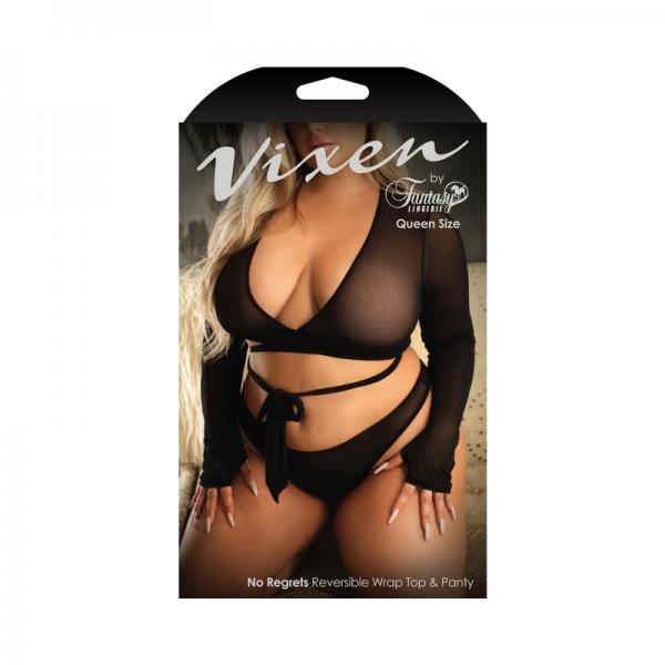 Fantasy Lingerie Vixen No Regrets Reversible Longsleeve Wrap Top & Thong Panty Black Queen Size Sex Toy Product