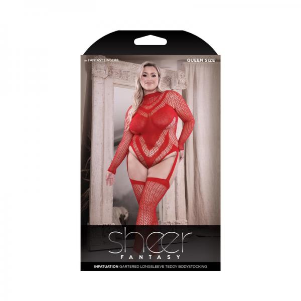 Fantasy Lingerie Sheer Infatuation Open Back Longsleeve Teddy Bodystocking Red Queen Size Sex Toy Product