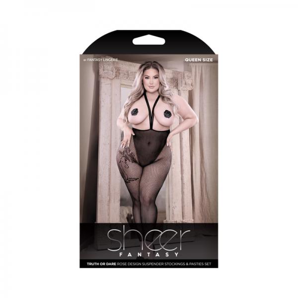 Fantasy Lingerie Sheer Truth Or Dare Rose Design Suspender Stockings & Rose Pasties Set Black Queen  Sex Toy Product