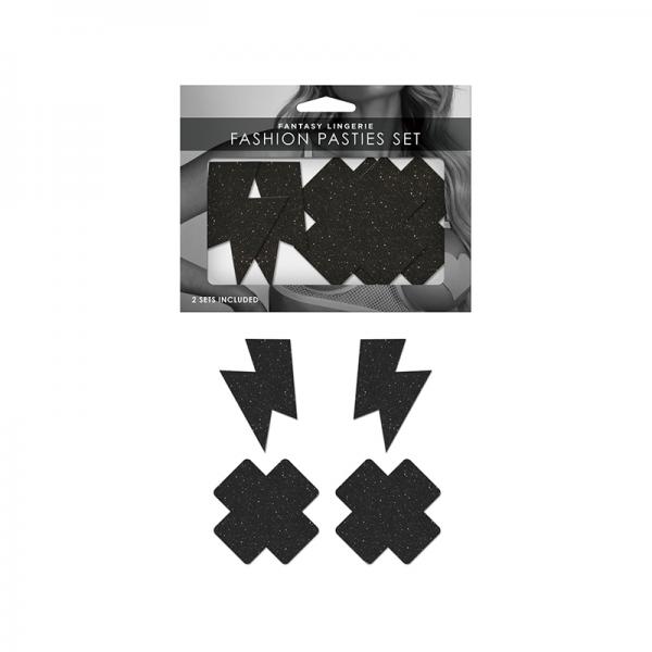Fantasy Lingerie Black Glitter 2-pair Pasties Set Lightning Bolt & Cross Shapes O/s Sex Toy Product