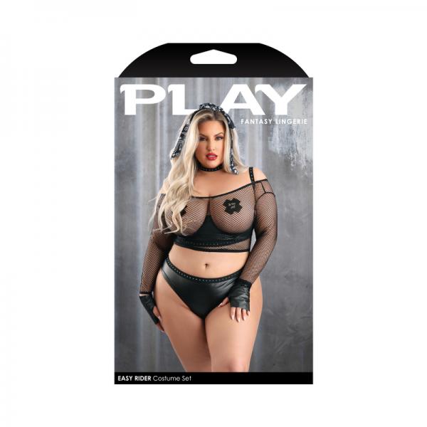 Fantasy Lingerie Play Easy Rider Open Cup Bra, Long Sleeve Fishnet Top, Panty, Choker, Gloves, Banda Sex Toy Product