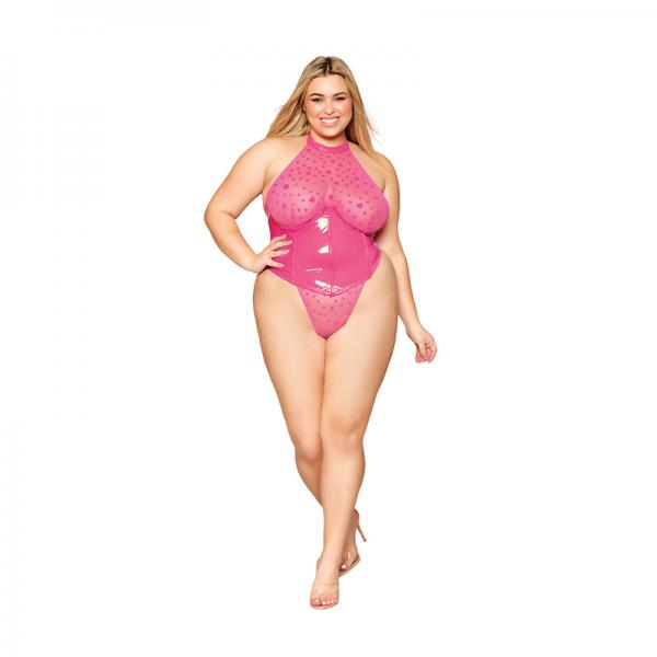 Dreamgirl Flocked Heart Stretch Mesh And Stretch Vinyl Halter Teddy Peony 2xl Sex Toy Product