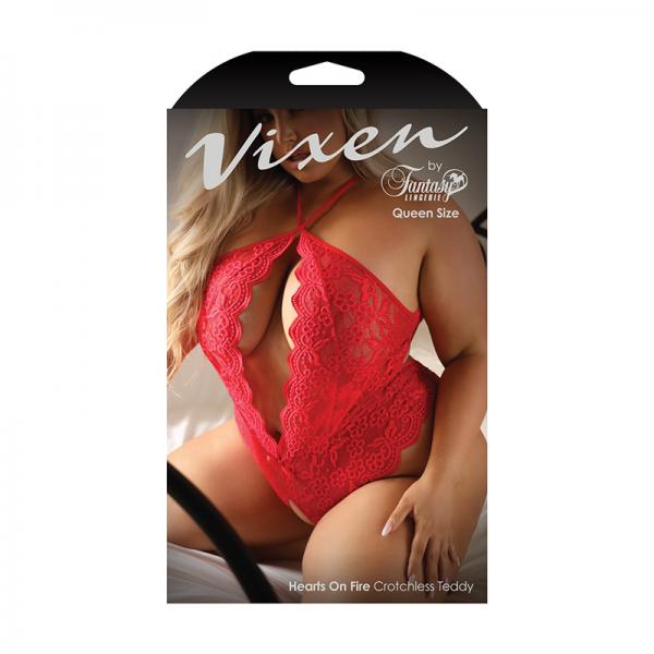 Fantasy Lingerie Vixen Hearts On Fire Crotchless Lace Teddy With Open Pearl Draped Back Red Queen Si Sex Toy Product