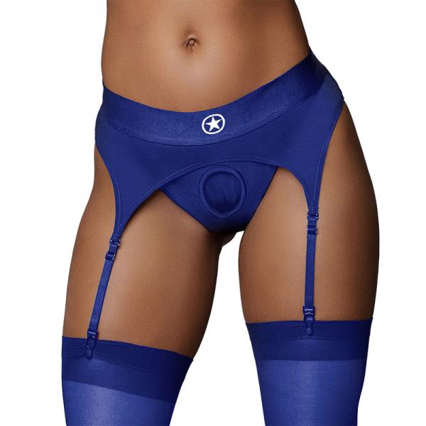 Ouch! Vibrating Strap-on Thong With Adjustable Garters Royal Blue M/l Sex Toy Product