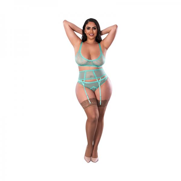 Magic Silk Soft Petals Bralette, Waist Cincher And Panty Set Aqua Queen Size Sex Toy Product