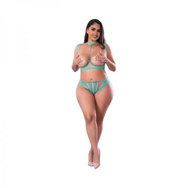 Magic Silk Soft Petals Cupless Bra And Split Crotch Panty Set Aqua Queen Size Sex Toy Product
