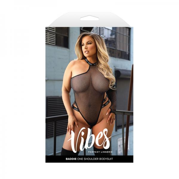 Fantasy Lingerie Vibes Baddie One Shoulder Long Sleeve Glitter Mesh Bodysuit Queen Size Sex Toy Product