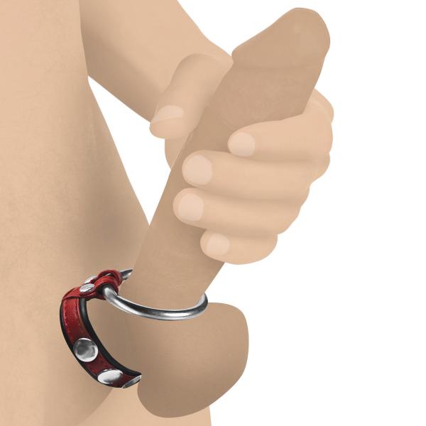 Leather And Steel Cock And Ball Ring - Red Sex Toy Product