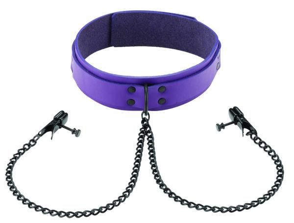 Crave Leather Collar With Broad Tip Nipple Clamps Purple Sex Toy Product