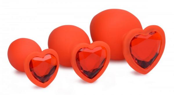 Frisky Red Hearts 3 Piece Silicone Anal Plugs with Gems Sex Toy Product