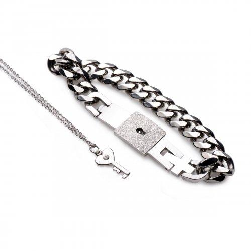 Chained Locking Bracelet And Key Necklace Couples Set Image 2