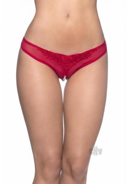 Crotchless Thong Panty with Pearls Red