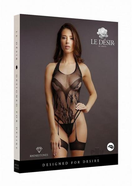 Crotchless Rhinestone Halter Teddy - Black