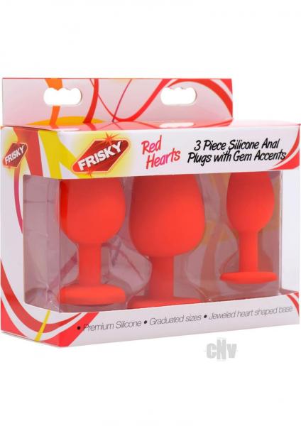 Frisky Red Hearts 3 Piece Silicone Anal Plugs with Gems Sex Toy Product