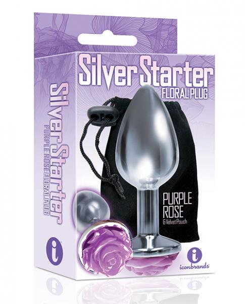 The Silver Starter Rose Floral Steel Butt Plug Purple