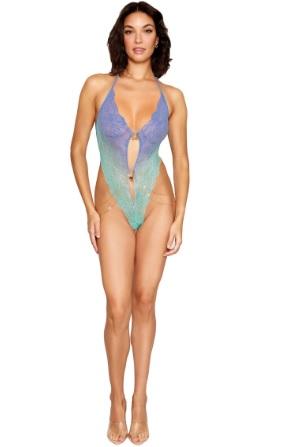 Ombre Stretch Lace Teddy W/ Butterfly Charms Lavender Haze /seafoam O/s Image 1