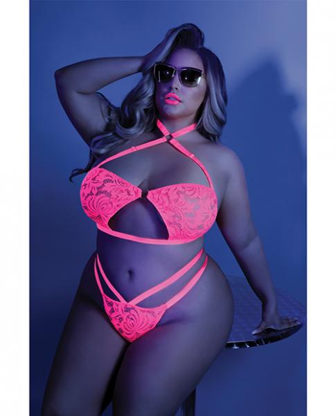Glow Lights Off Lace Halter Bralette & Cage Panty Neon Pink
