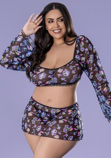 Hazy Dayz Shrooms Crop Top W/skirt & Thong - Black Qn
