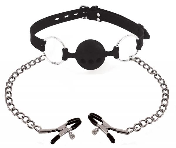 Hinder Breathable Silicone Ball Gag With Nipple Clamps