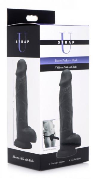 Strap U Power Pecker 7in Dildo Silicone W/ Balls Black Sex Toy Product