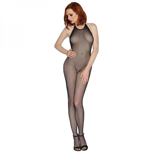 Dreamgirl Seamless Fishnet Bodystocking With Halter Neck, Open Crotch And Low Back Black