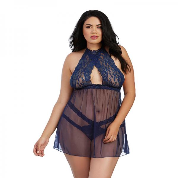 Dreamgirl Stretch Lace & Mesh Babydoll With High-neck Halter Styling Midnight Queen Image 1