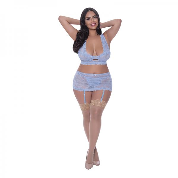 Magic Silk Ooh La Lace Bralette, Garter Skirt & G-string Set Periwinkle