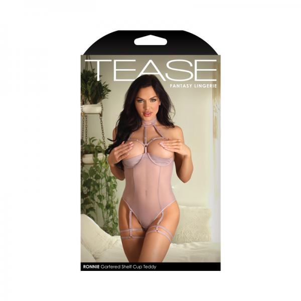 Fantasy Lingerie Tease Ronnie Caged Shelf Cup Teddy With Snap Closure & Leg Garters Pale Mauve