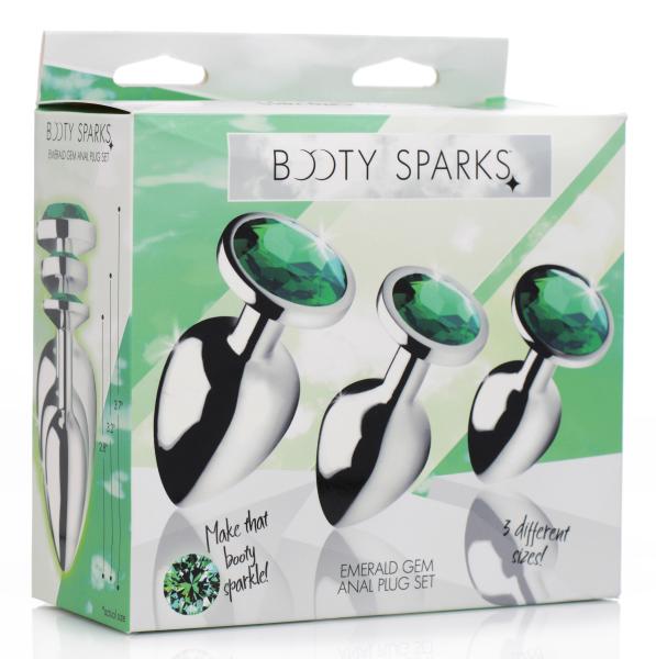 Emerald Gem Anal Plug Set 3 Silver Plugs with Green End Sex Toy Product