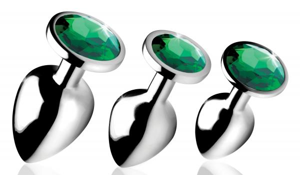 Emerald Gem Anal Plug Set 3 Silver Plugs with Green End Sex Toy Product